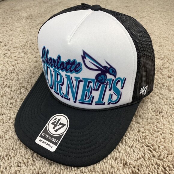 Charlotte Hornets 47 Trucker Hat Foam Snapback White Black Mesh Script Logo Cap - Picture 1 of 8